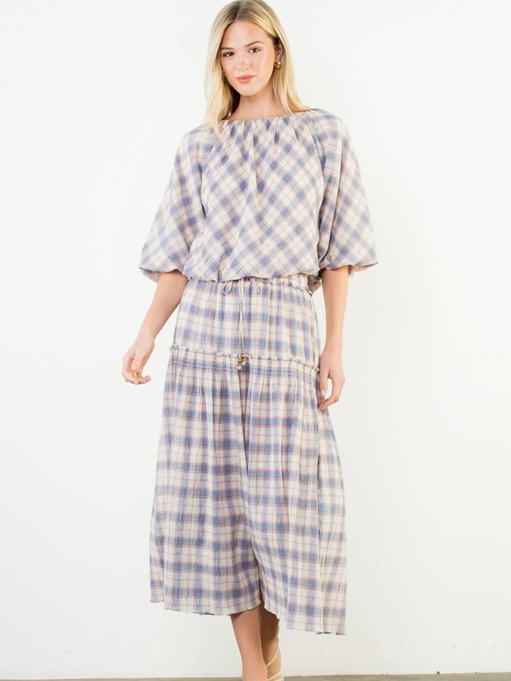 Plaid Puff-Sleeve shirt and skirt in Soft Blue and Cream